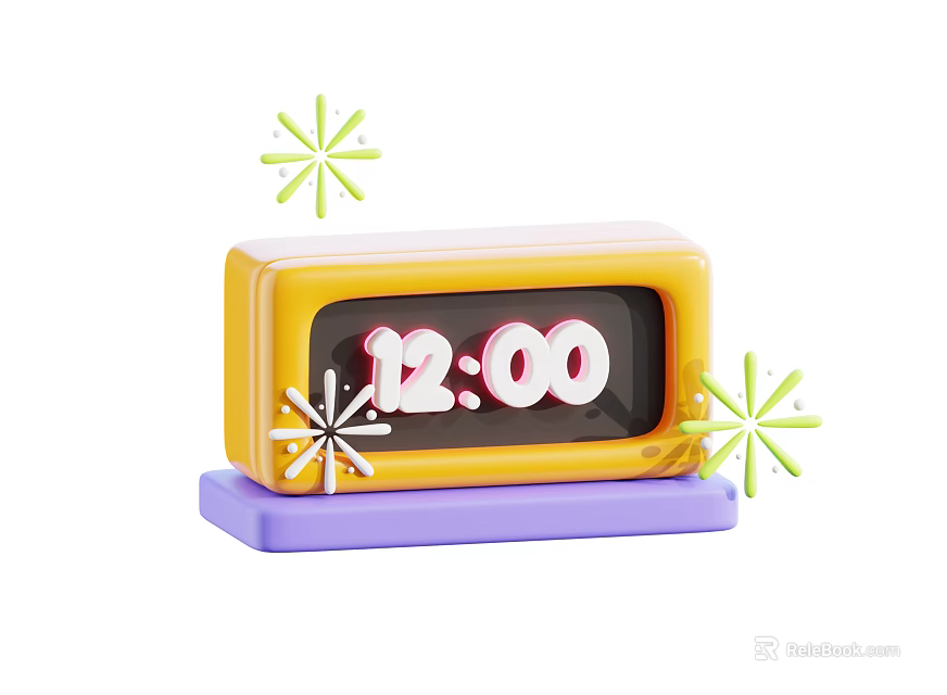 Stylish Yellow Alarm Clock With Purple Base Showing Twelve Oclock And Green Star Decorations 3d model 
