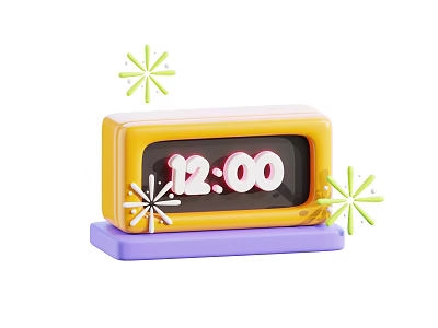 Stylish Yellow Alarm Clock With Purple Base Showing Twelve Oclock And Green Star Decorations 3d model