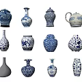 Collection of Blue and White Ceramic Vessels with Traditional Patterns and Various Shapes