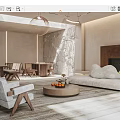 Modern Natural Dining and Living Room Interior With Sofa Fireplace and Stone Wall