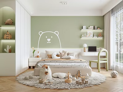 Kids Room Interior With Green Wall Bear Head Decal Bed Desk Chair And Toys 3d model