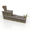 Modern Outdoor Brick Structure With Water Faucet And Small Decorative Plant
