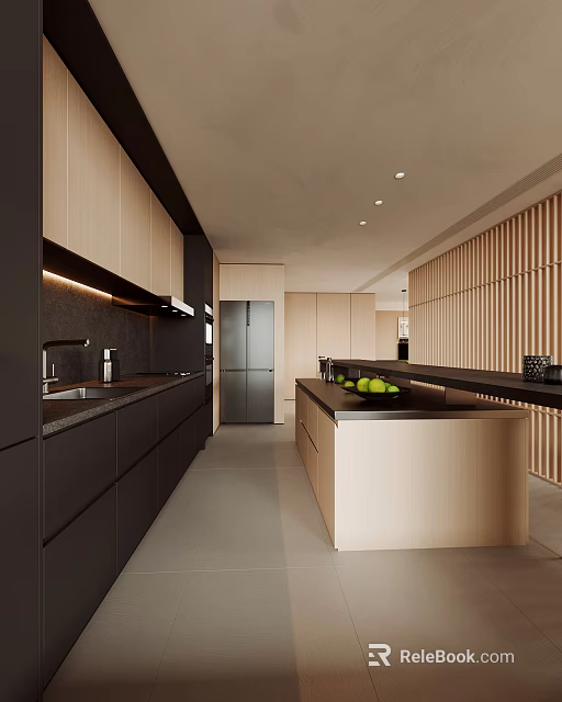 Modern Kitchen Interior Design With Light Dark Cabinets Island Countertop And Appliances 3d model 