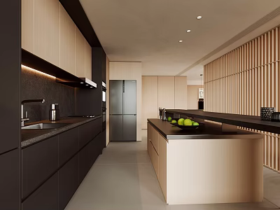 Modern Kitchen Interior Design With Light Dark Cabinets Island Countertop And Appliances 3d model