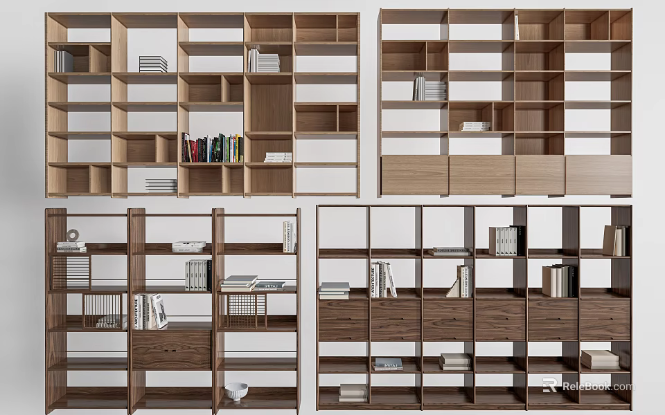 Modern Bookcase Design With Open Wooden Shelves And Multiple Storage Compartments 3d model