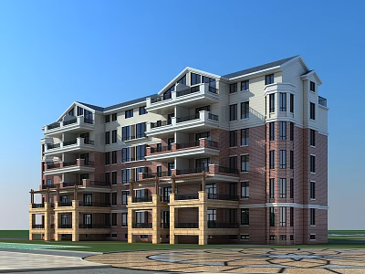 Modern Multistory Residential Building With Red Brick Exterior Balconies And Large Windows 3d model