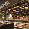 Elegant Restaurant Corridor With Wooden Walls Geometric Patterned Surfaces Green Plant Decor And Patterned Flooring