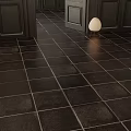 Dark Porcelain Floor Tiles In Indoor Hallway With Black Door And Round Lamp Design