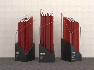 Three Red Stacked Book Art Installations With Golden Frames Black Bases Featuring AZURE Text 3d model