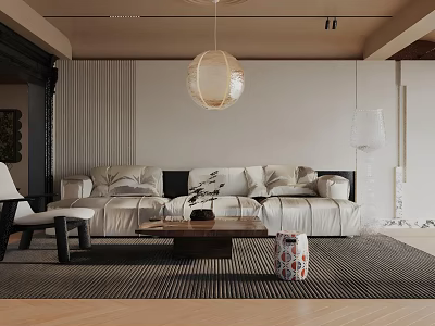 Elegant Modern Living Room Interior Design With Plush Sofa Coffee Table And Pendant Light 3d model