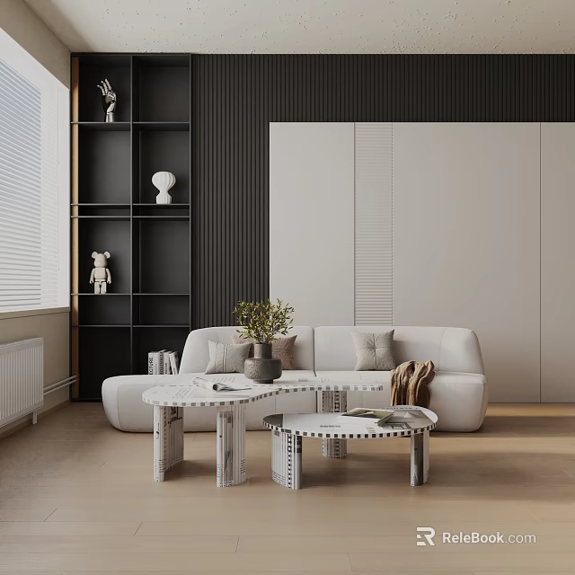 Modern Beige Three Seater Sofa With White Circular Coffee Tables And Black Bookshelf Decorations 3d model 
