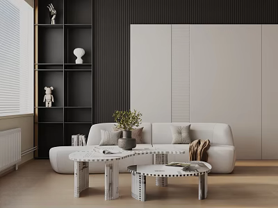 Modern Beige Three Seater Sofa With White Circular Coffee Tables And Black Bookshelf Decorations 3d model