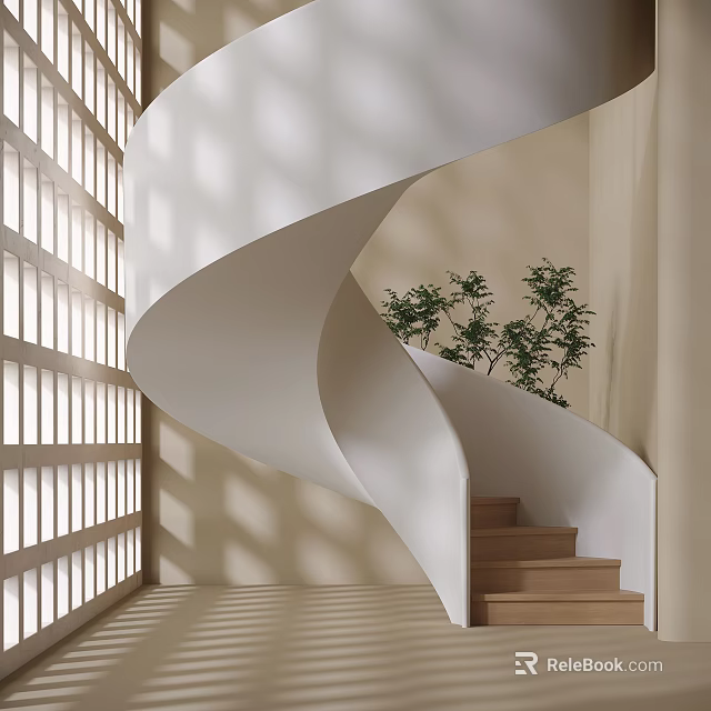 Modern White Spiral Staircase Design With Wooden Steps Green Plant And Lattice Window Light Shadows 3d model 