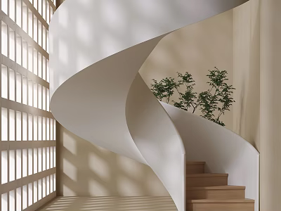 Modern White Spiral Staircase Design With Wooden Steps Green Plant And Lattice Window Light Shadows 3d model