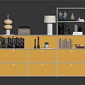 Stylish Orange Cabinet With Multiple Drawers Open Shelves Books Vases Lamp And Radio