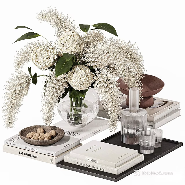 Decorative Ornament Set with White Flowers in Clear Glass Vase Brown Bowl Books and Tray 3d model 