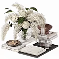 Decorative Ornament Set with White Flowers in Clear Glass Vase Brown Bowl Books and Tray