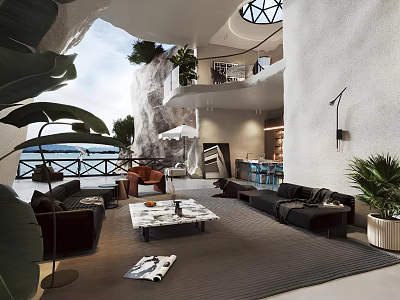 Modern Duplex Living Room Interior With High Ceiling Large Windows And Green Plants 3d model