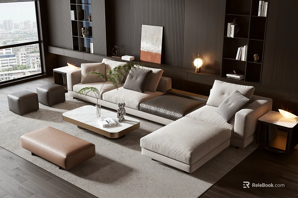 Modern Sofa Coffee Table Set With Beige Gray Upholstery Ottoman Decorative Items And Floor Lamp 3d model 