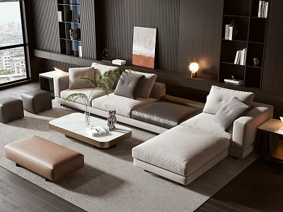 Modern Sofa Coffee Table Set With Beige Gray Upholstery Ottoman Decorative Items And Floor Lamp 3d model