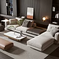Modern Sofa Coffee Table Set With Beige Gray Upholstery Ottoman Decorative Items And Floor Lamp