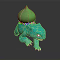 Blue Lizard Like Creature with Red Eyes Green Bulb on Back and Green Leaves