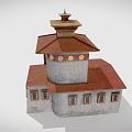 Traditional Architecture Model With Red Roof Gray Walls And Multi Level Tower Structure