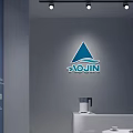 AOJIN Brand Exhibition Display With Blue Panel And Logo In Modern Space