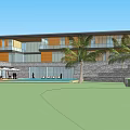 Modern Villa Exterior With Swimming Pool Terrace Glass Railing And Palm Trees