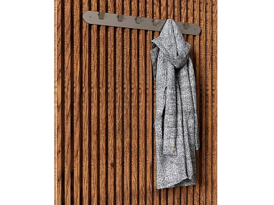 Gray Soft Bathrobe Hanging On Wooden Wall With Hooks For Bathroom Use 3d model