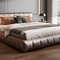 Modern Bedroom Interior With Leather Bed Nightstand Table Lamp Gray Walls And Wooden Floor