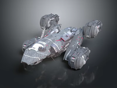Sci Fi Spaceship 3D Model With Complex Structure Gray Color And Red Accents 3d model