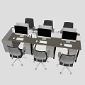 Modern Office Desk Workstation Featuring Multiple Computer Monitors And Ergonomic Office Chairs 3d model