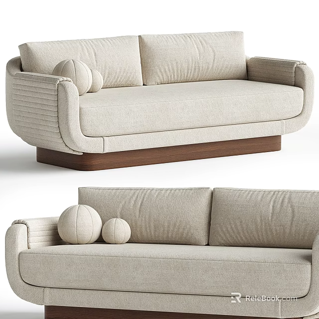 Modern Beige Two Seater Sofa With Fabric Upholstery Wooden Base And Round Pillows 3d model 
