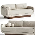 Modern Beige Two Seater Sofa With Fabric Upholstery Wooden Base And Round Pillows