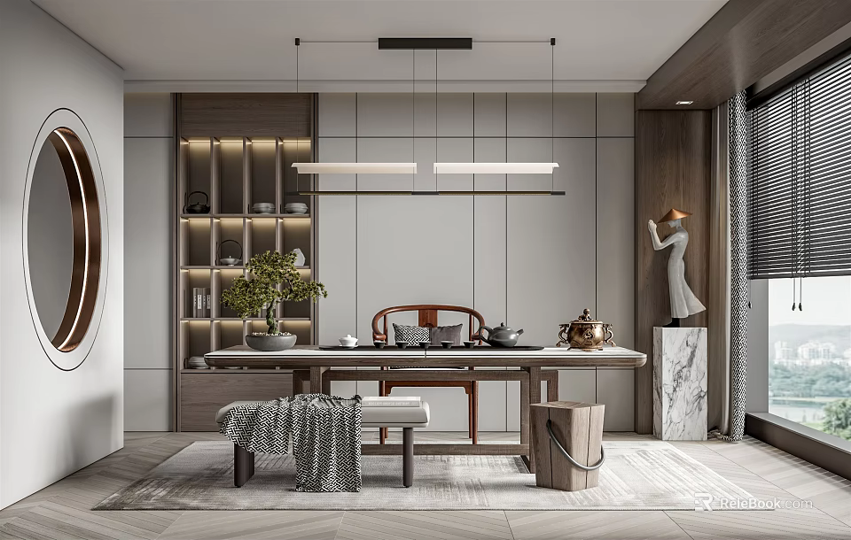 Elegant Tea Room Interior With Wooden Tea Table Ceramic Sets And Pendant Lights 3d model