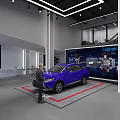 Modern Car Showroom With Two Cars On Platform And Large Background Screen