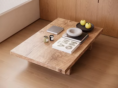 Natural Wooden Coffee Table With Books Fruits Tray And Bowl On Wooden Floor 3d model