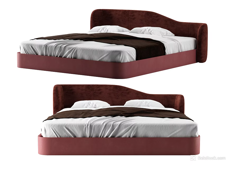 Modern Red Velvet Double Bed With White Mattress Brown Blanket And Pillows 3d model 
