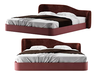 Modern Red Velvet Double Bed With White Mattress Brown Blanket And Pillows 3d model