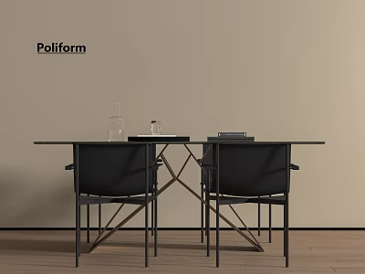 Poliform Modern Dining Table With Black Chairs Glassware Books On Beige Wall Wooden Floor 3d model