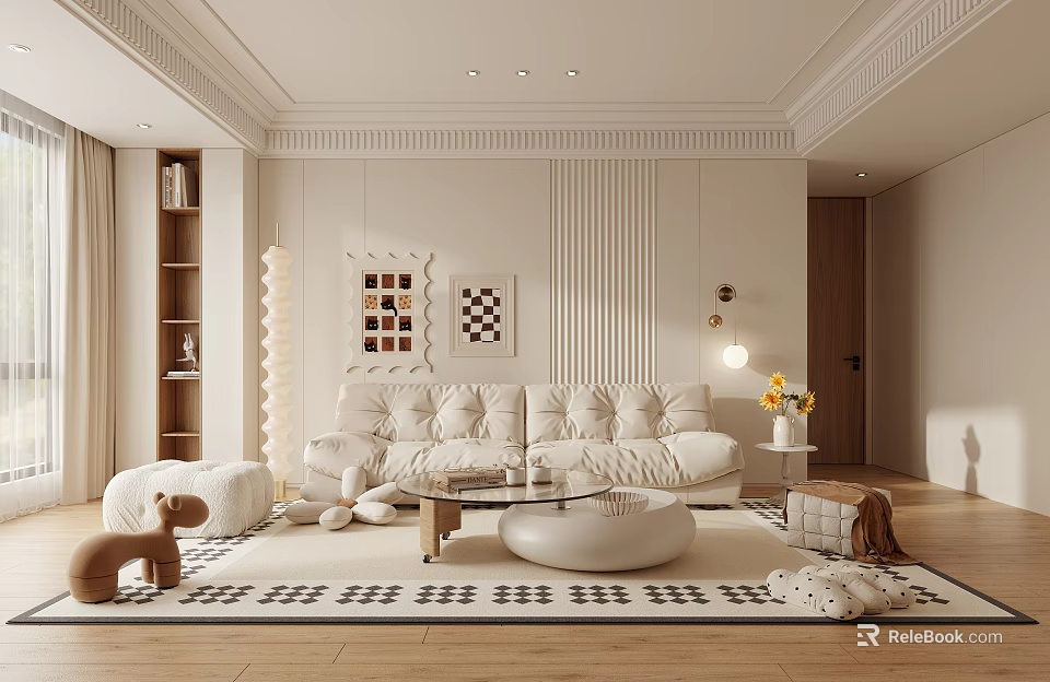 Modern Living Room Interior With White Sofa Decorative Wall Art And Wooden Flooring 3d model 