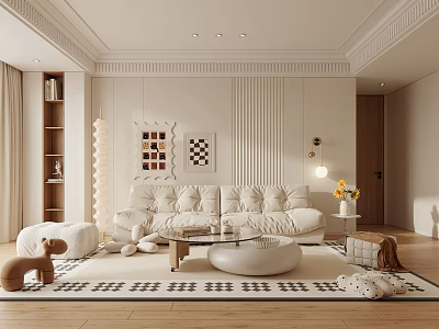 Modern Living Room Interior With White Sofa Decorative Wall Art And Wooden Flooring 3d model