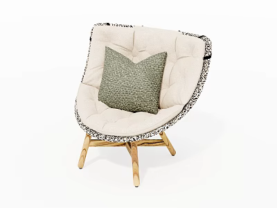Accent Chair with Beige Cushion Black Patterned Trim Green Pillow and Wooden Legs 3d model