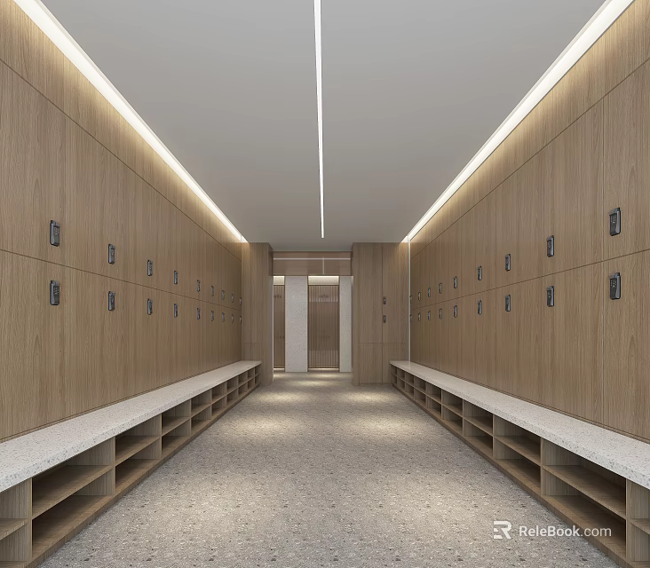 Spacious Wooden Locker Corridor With Numbered Compartments Benches Gray Floor And Lighting 3d model 