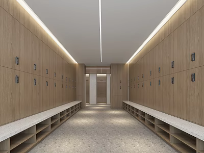 Spacious Wooden Locker Corridor With Numbered Compartments Benches Gray Floor And Lighting 3d model