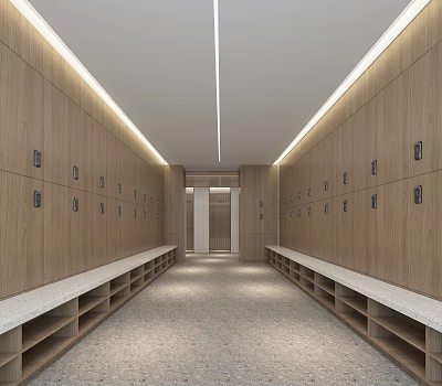 Spacious Wooden Locker Corridor With Numbered Compartments Benches Gray Floor And Lighting 3d model