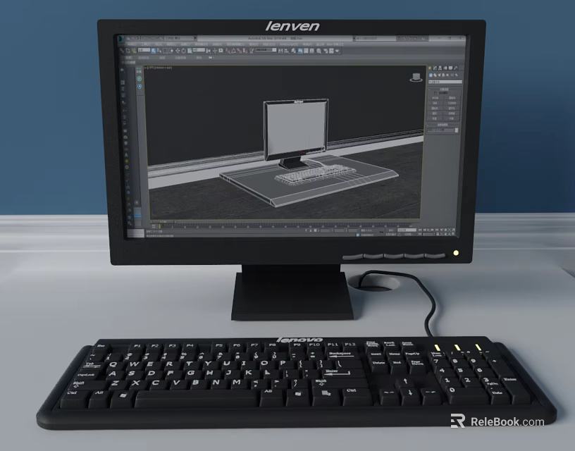 Lenovo Desktop Computer With Monitor And Keyboard Displaying 3D Model Design On Screen 3d model 