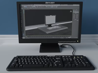 Lenovo Desktop Computer With Monitor And Keyboard Displaying 3D Model Design On Screen 3d model