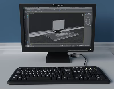 Lenovo Desktop Computer With Monitor And Keyboard Displaying 3D Model Design On Screen 3d model